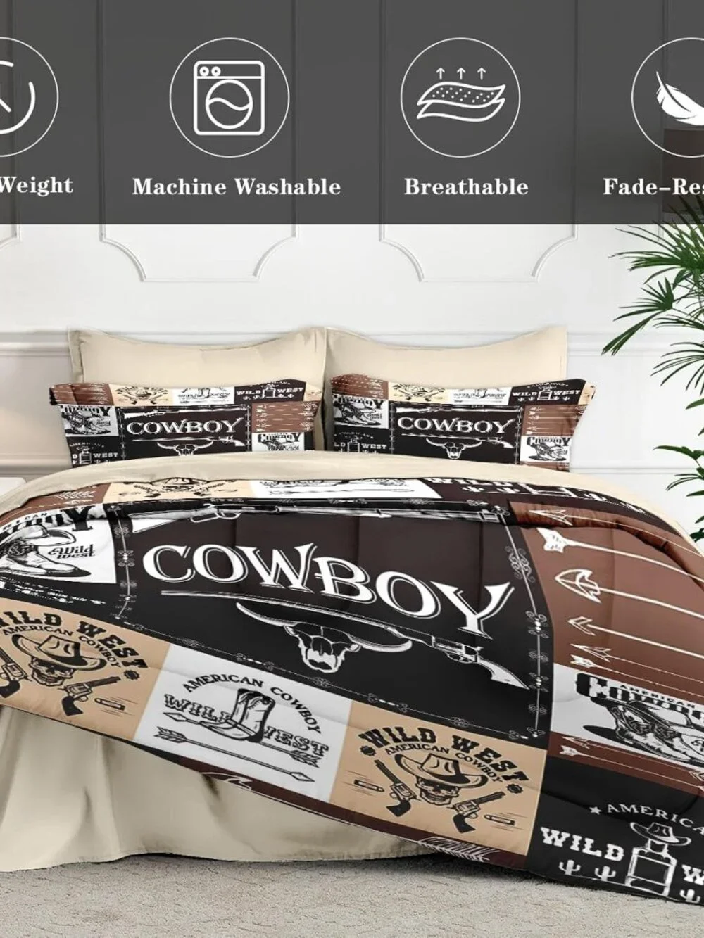 7 Pcs Queen Size Comforter Set with 2 Pillowcases & 2 Shams, Vintage Cowboy West
